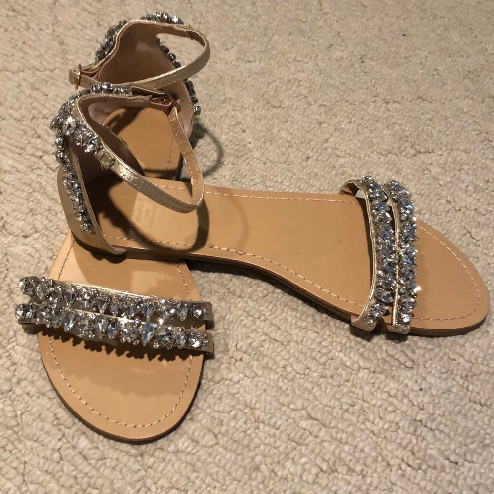 Beautiful gold satin/crystal flats by David’s Bridal.